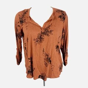 🌿 NWT Reitmans Burnt Orange Floral Print V-Neck Top (XL) 🌸